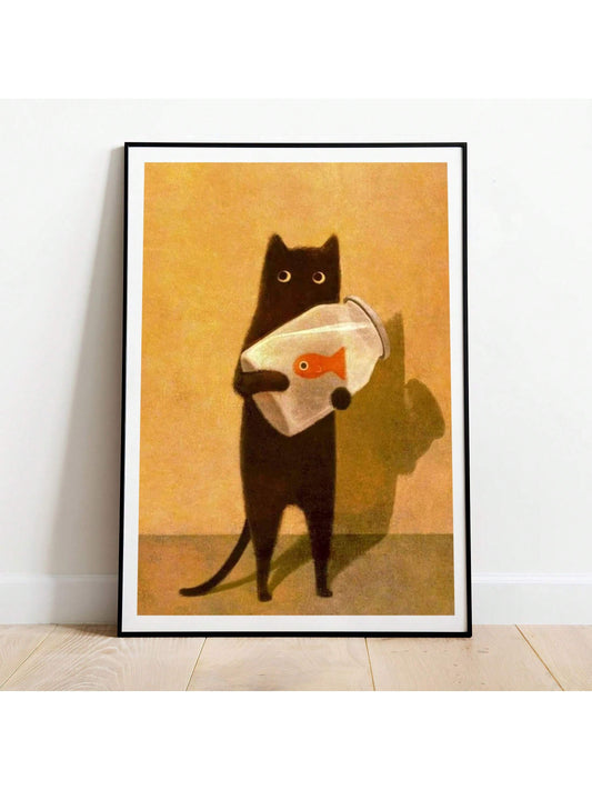 Add a pop of fun and personality to your bedroom or living room decor with this modern art canvas poster. Featuring a playful graffiti cartoon of a black cat scaring a goldfish, this poster is sure to add a unique touch to your space. Its high-quality canvas material ensures long-lasting durability, making it a great investment for any art lover.