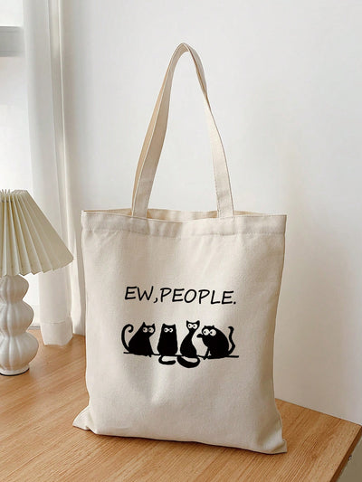 Whimsical Charm: Beige Canvas Tote Bag with 4 Black Cats Facing Left