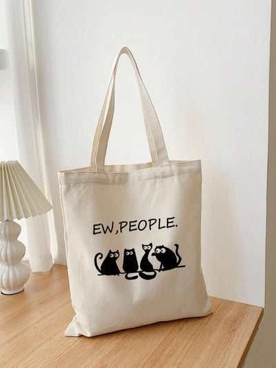 Whimsical Charm: Beige Canvas Tote Bag with 4 Black Cats Facing Left