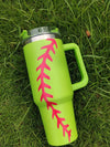 40oz Sport Style Baseball/basketball/football Pattern Stainless Steel Water Bottle With Straw, Carried Outdoor Coffee Mug With Handle