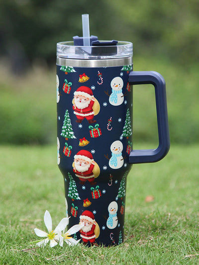 1200ml Cute Cartoon Christmas Patterned Stainless Steel Water Bottle With Straw, Handle Coffee Mug For Outdoor/car
