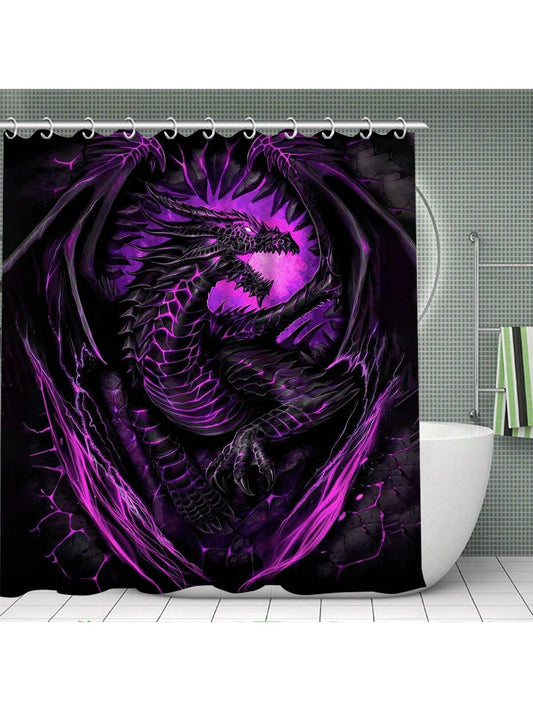 Dragon-themed Bathroom Makeover Set: Shower Curtain, Window Curtain, Floor Mat & Hooks