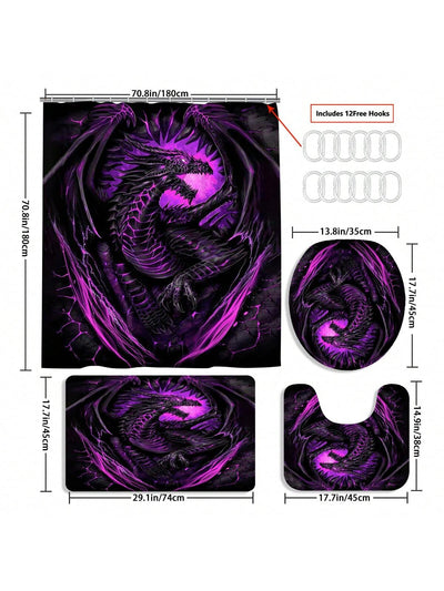 Dragon-themed Bathroom Makeover Set: Shower Curtain, Window Curtain, Floor Mat & Hooks