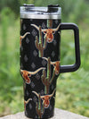 1200ml Bull Head Pattern Stainless Steel Straw Tumbler Suitable For Car, Outdoor And Coffee, With Handle And Lid