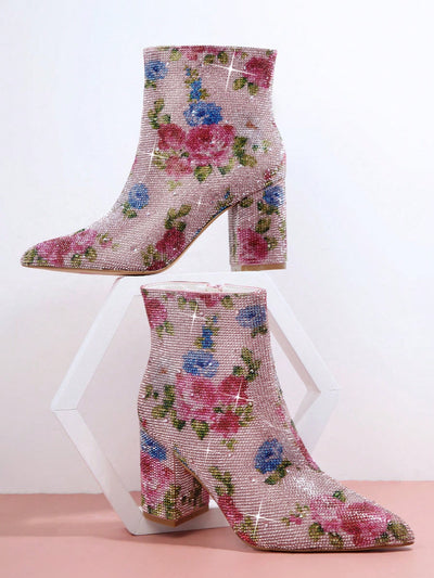 Stylish Floral Chunky Heel Booties: Elevate Your Style with Geometric Boots