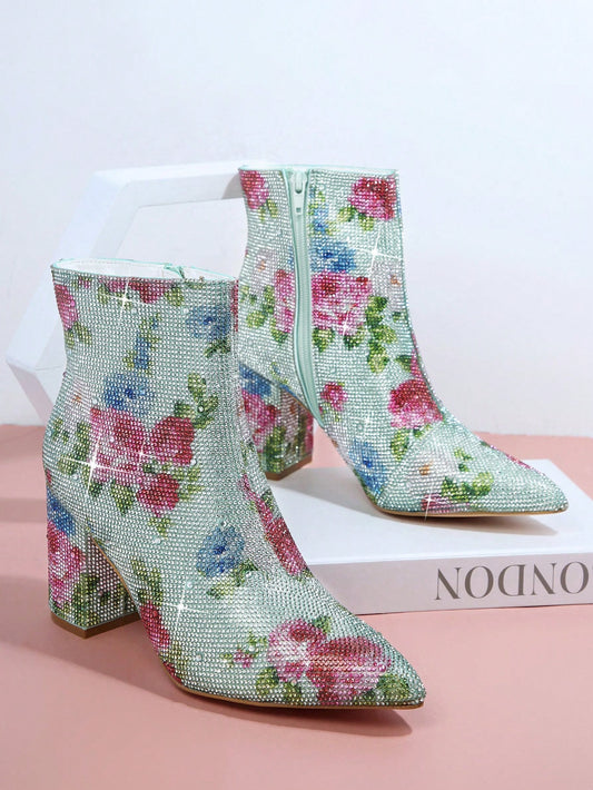 Stylish Floral Chunky Heel Booties: Elevate Your Style with Geometric Boots