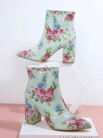 Stylish Floral Chunky Heel Booties: Elevate Your Style with Geometric Boots