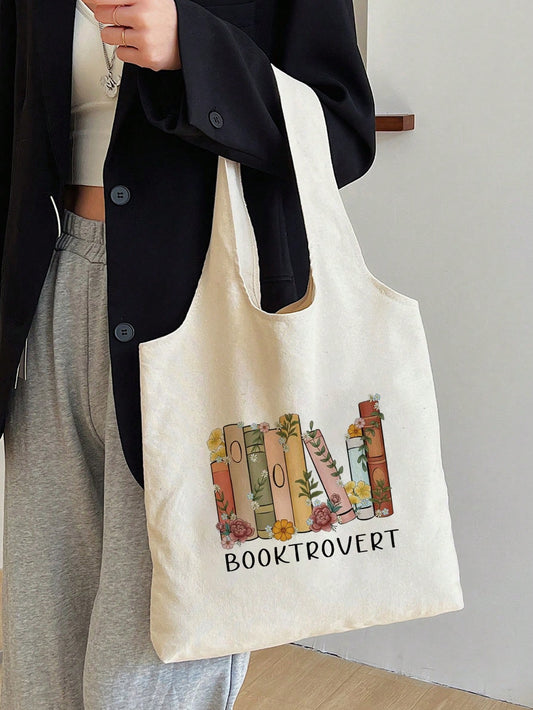 Versatile Fashion Women's Beige Booktrovert Design Canvas Tote Bag With 8 Book Motifs: The Perfect Blend of Style and Functionality
