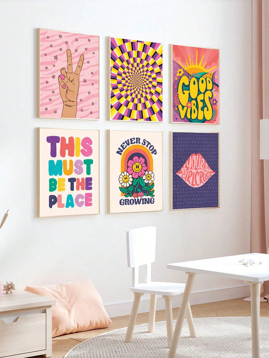 Lip-Smacking Good Vibes: 6pc Trendy Wall Art Set for Fashionable Girl Rooms