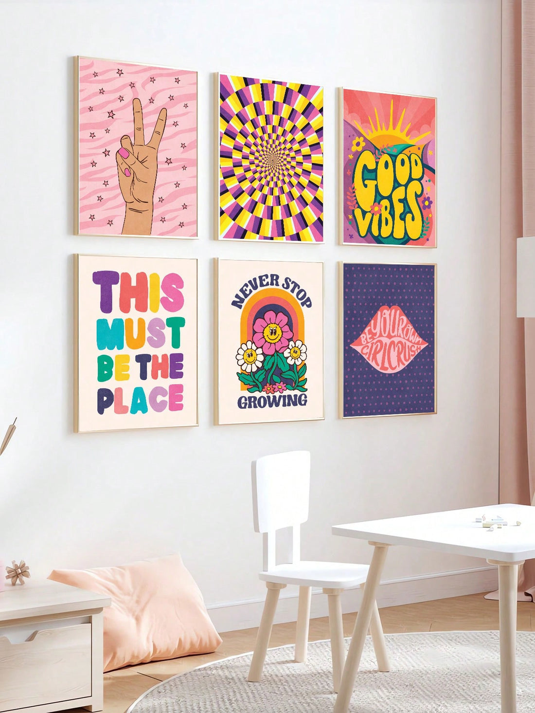 Enhance the stylish atmosphere of any girl's room with our Lip-Smacking Good Vibes: 6pc Trendy Wall Art Set. Each piece exudes trendy energy and adds a playful yet chic touch to any space. Make a bold statement and elevate your decor with our fashion-forward designs.