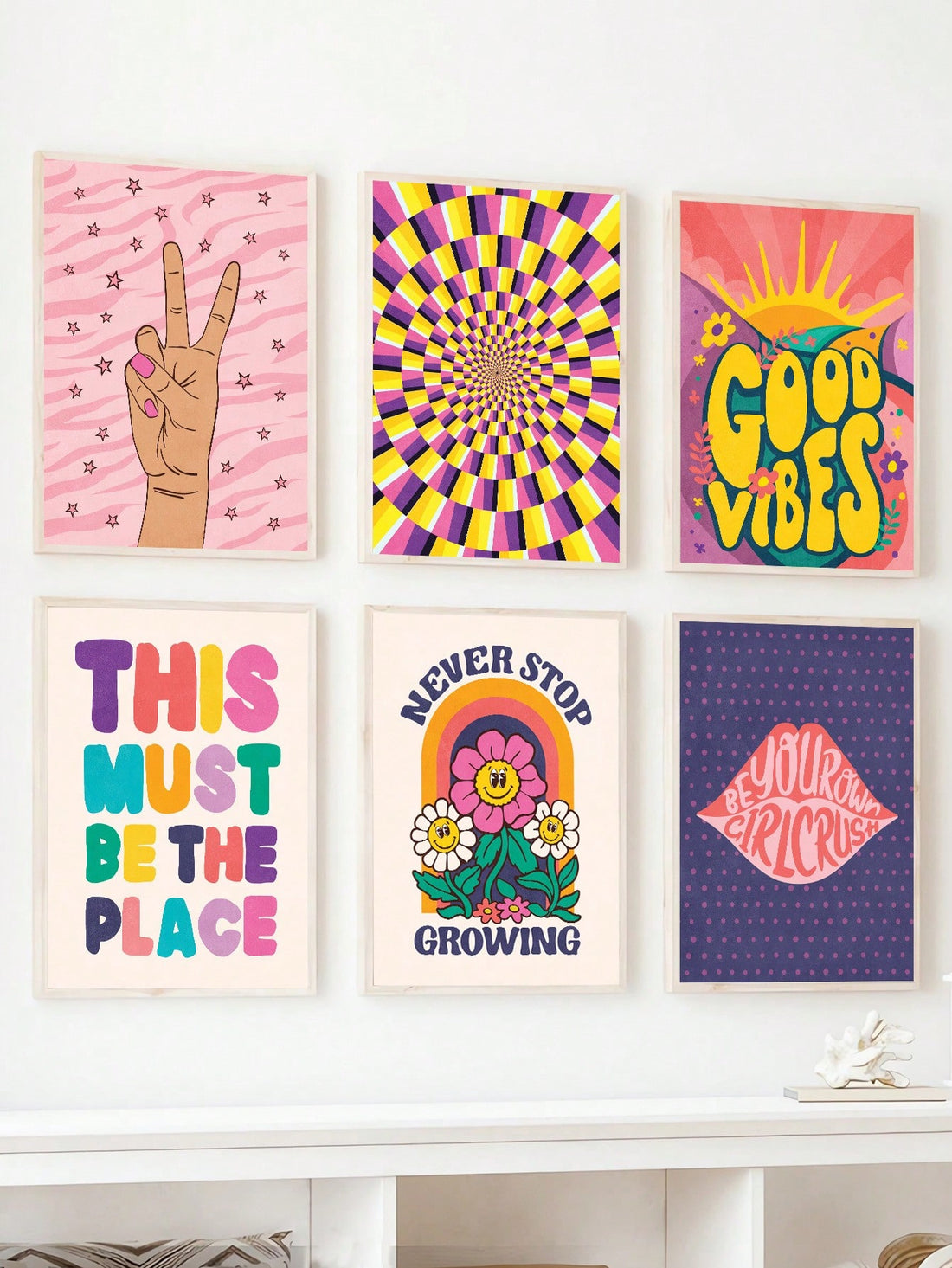 Enhance the stylish atmosphere of any girl's room with our Lip-Smacking Good Vibes: 6pc Trendy Wall Art Set. Each piece exudes trendy energy and adds a playful yet chic touch to any space. Make a bold statement and elevate your decor with our fashion-forward designs.
