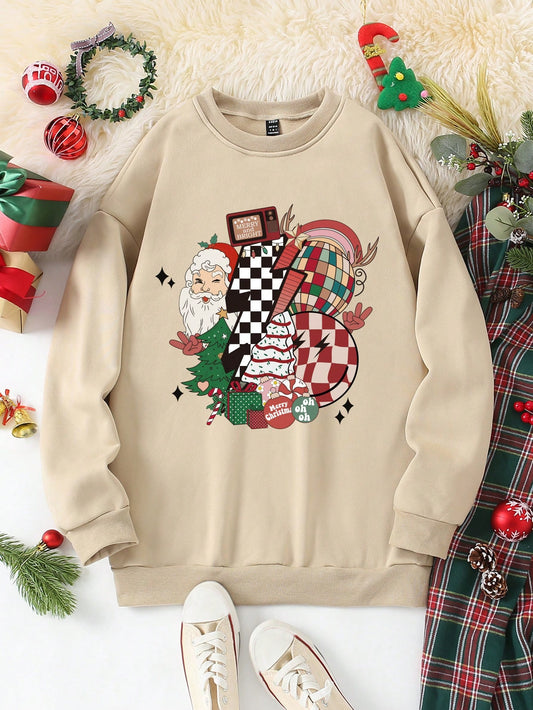 Cozy Christmas Print Thermal Lined Sweatshirt: Stay Warm and Stylish this Holiday Season!