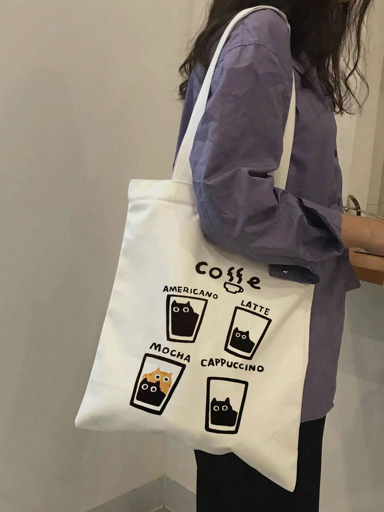 This stylish <a href="https://canaryhouze.com/collections/canvas-tote-bags" target="_blank" rel="noopener">canvas tote handbag</a> for women features a unique and trendy design of caffeine and cats. Made of durable canvas material, it is perfect for carrying everyday essentials with style. The perfect accessory for any cat lover who enjoys a good cup of caffeine.