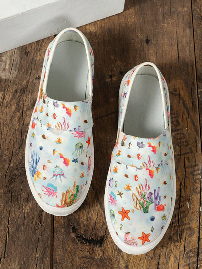 Ocean Pattern Casual Sneakers: Women's New Autumn Arrival Outdoor Comfortable Flat Sole Sneakers with Random Light-colored Flower Design