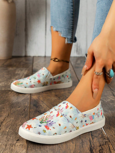 Ocean Pattern Casual Sneakers: Women's New Autumn Arrival Outdoor Comfortable Flat Sole Sneakers with Random Light-colored Flower Design