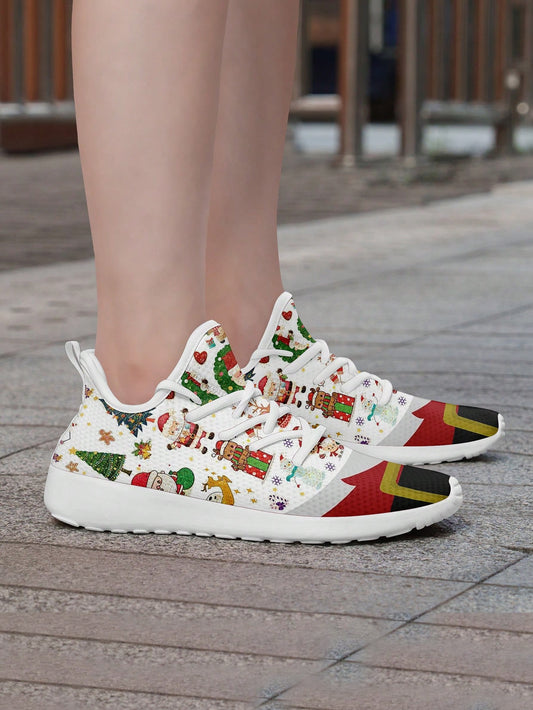 These Cartoon Santa Claus Reindeer Printed Athletic Shoes are the perfect fit for women's Christmas fun and outdoor activities. Made from durable materials, the shoes have a secure fit and are breathable, allowing for comfortable all-day wear. Enjoy the holiday season in style!