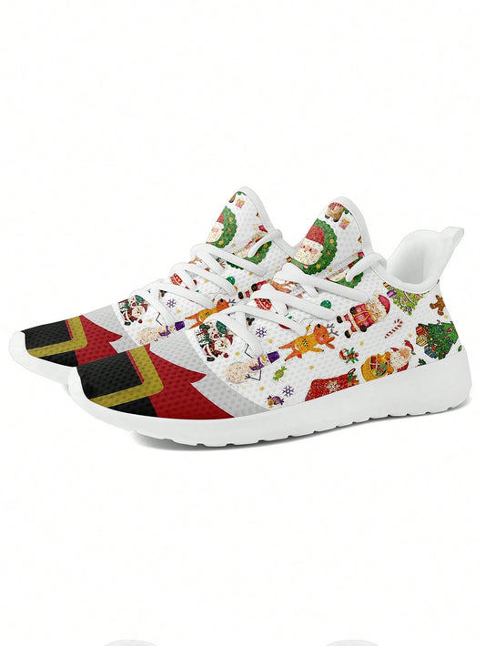 Cartoon Santa Claus Reindeer Printed Athletic Shoes: Perfect Fit for Women's Christmas Fun and Outdoor Activities