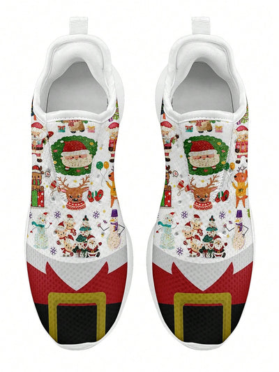 Cartoon Santa Claus Reindeer Printed Athletic Shoes: Perfect Fit for Women's Christmas Fun and Outdoor Activities