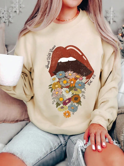 Floral Bliss Lips Printed Sweatshirt: A Cozy Blend of Nature and Fashion