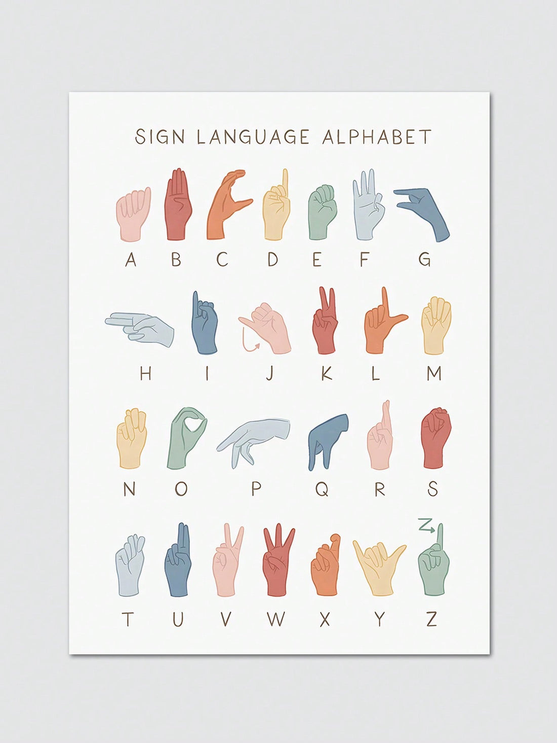 This poster features the American Sign Language alphabet in bold and bright colors, making it perfect for both home and classroom decor. Improve language skills and cultural awareness with this educational and eye-catching poster.