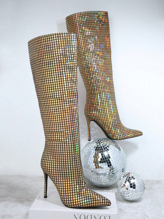 Sparkle and Shine: Metallic Point Toe Stiletto Heeled Boots