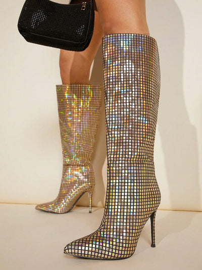 Sparkle and Shine: Metallic Point Toe Stiletto Heeled Boots