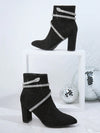 Glamourous Rhinestone Side Zipper Chunky Heeled Ankle Boots