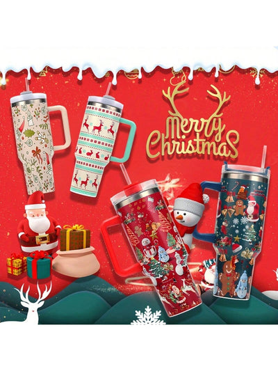 40oz Creative Christmas Pattern  Stainless Steel Tumbler With Handle, With Straw, Suitable For Outdoor Camping, Fitness, Car Driving, Christmas Birthday Gift