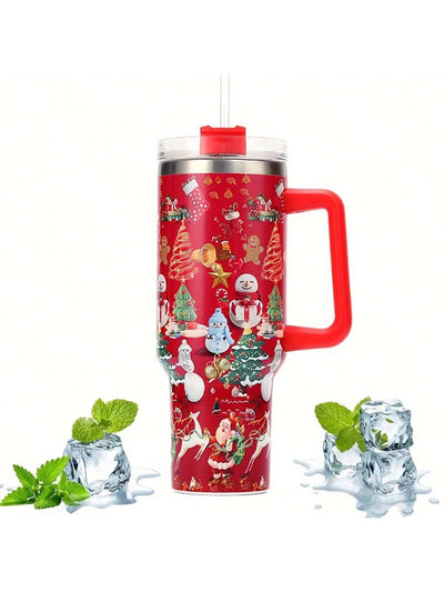 40oz Creative Christmas Pattern  Stainless Steel Tumbler With Handle, With Straw, Suitable For Outdoor Camping, Fitness, Car Driving, Christmas Birthday Gift