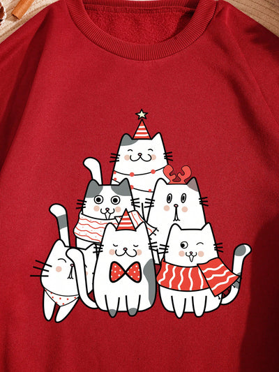 Festive Comfort: Christmas and Cat Print Thermal Lined Sweatshirt for Cozy Holiday Style