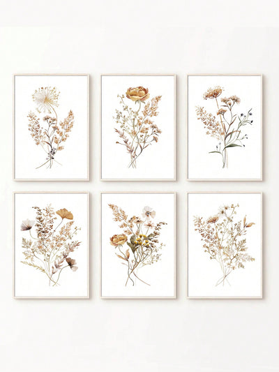 6-Piece Wildflower Botanical Watercolor Art Painting Set - Nordic Minimalist Modern Wall Decor for Home and Office