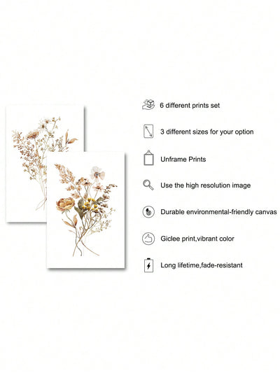 6-Piece Wildflower Botanical Watercolor Art Painting Set - Nordic Minimalist Modern Wall Decor for Home and Office
