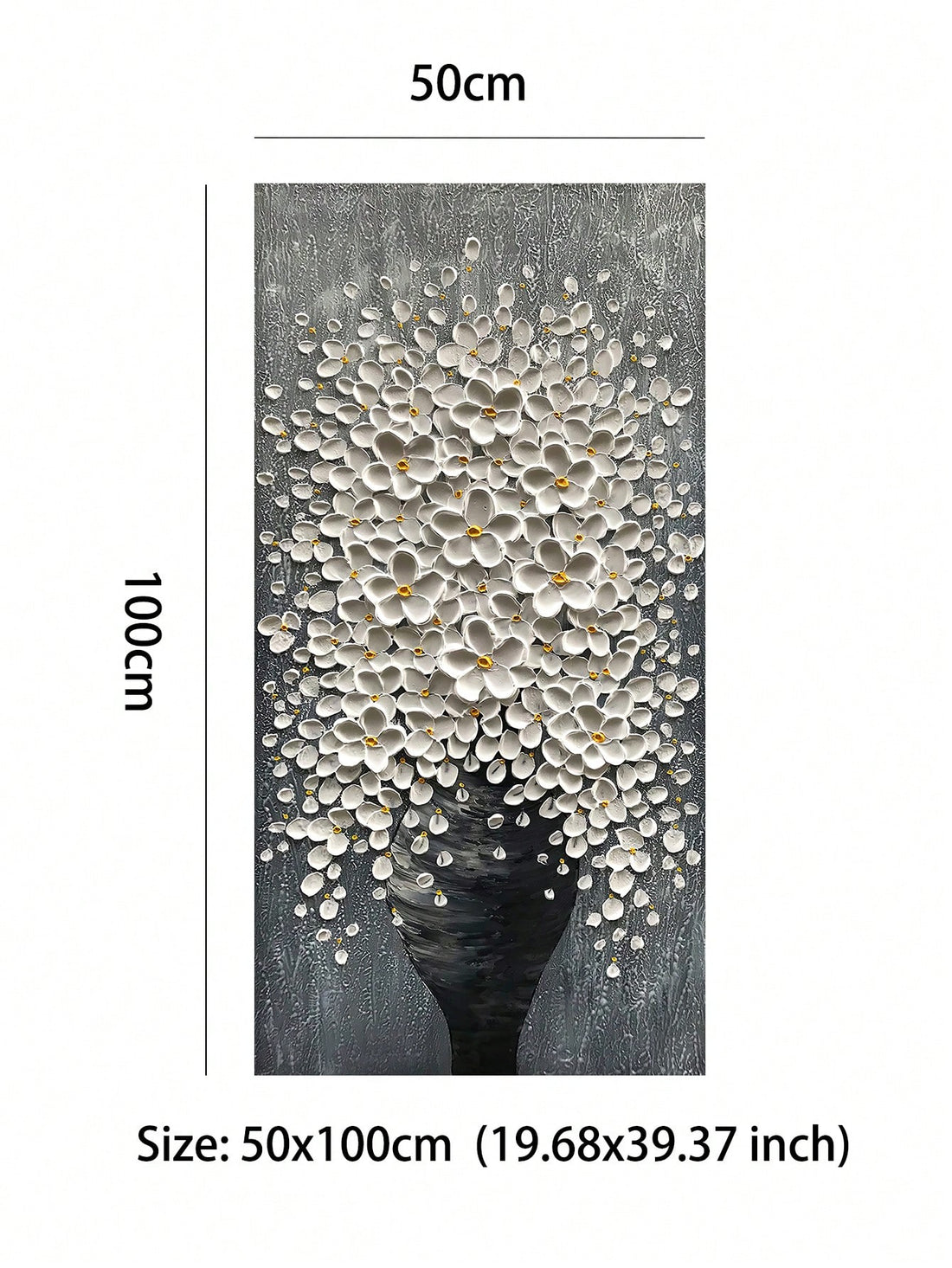 Transform your entrance with our Heartfelt Elegance flower painting. Its vertical design provides an elegant touch to any room. Measuring at 50x100cm, it's the perfect size to create a statement piece. Experience the beauty of nature with this stunning decoration.