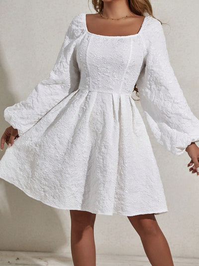 Chic and Elegant: Jacquard Square Neck Lantern Sleeve Dress