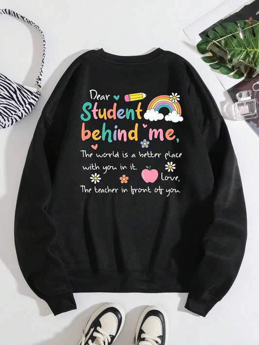 Colorful Comfort: Rainbow Slogan Graphic Thermal-Lined Sweatshirt for Vibrant Style and Warmth