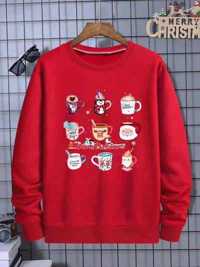 Urban Style: Men's Christmas Cup and Letter Graphic Thermal-Lined Sweatshirt for Effortless Warmth and Trendy Appeal