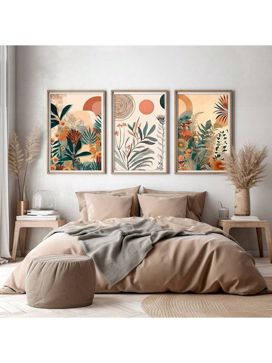 Enhance your living space with this elegant Boho Floral Poster Set. Each set includes three mid-century modern wall art pieces, measuring 19.