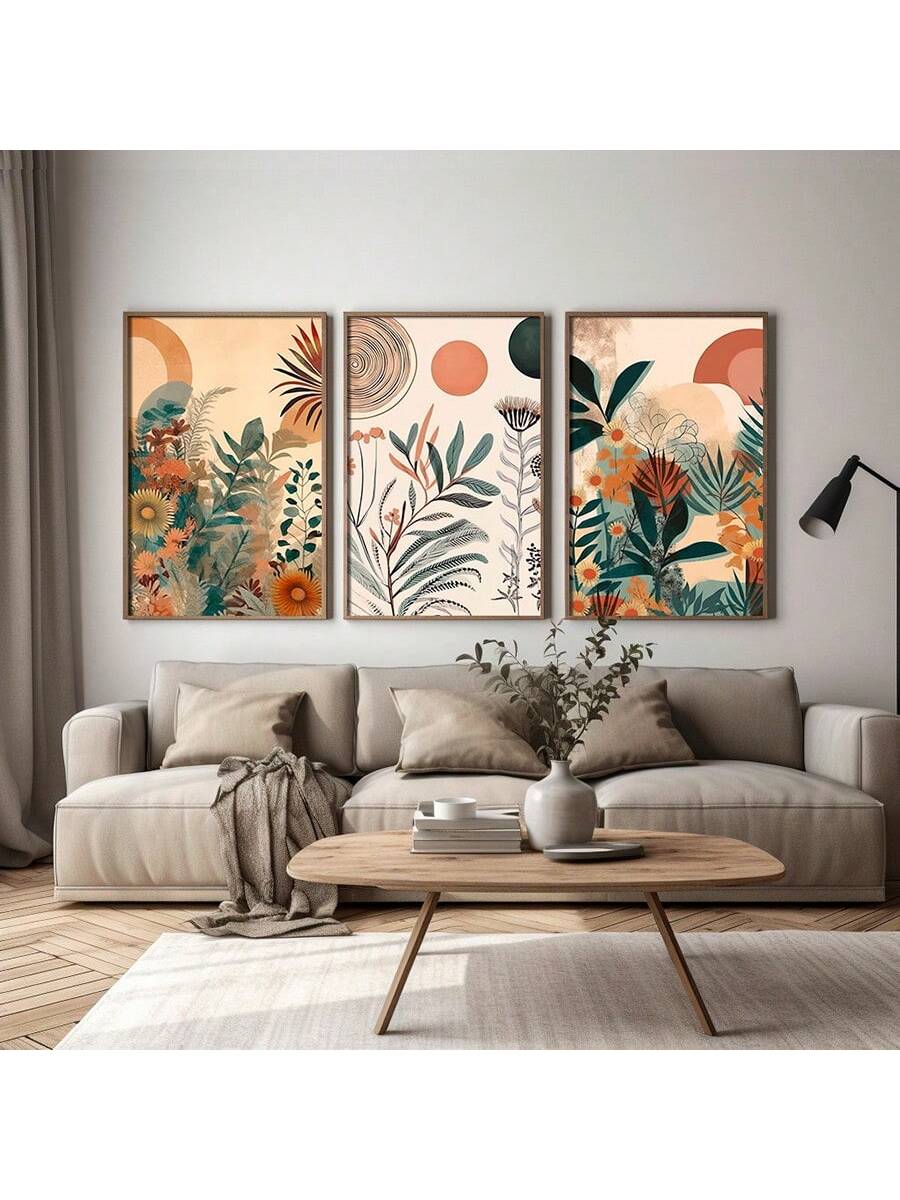 Enhance your living space with this elegant Boho Floral Poster Set. Each set includes three mid-century modern wall art pieces, measuring 19.