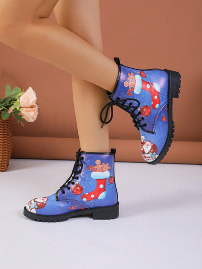 Vintage Christmas Delight: Women's Fashion Printed Pattern Lace-up Boots