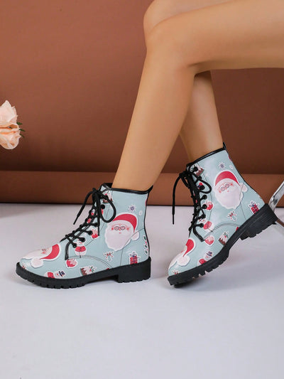 Vintage Christmas Delight: Women's Fashion Printed Pattern Lace-up Boots