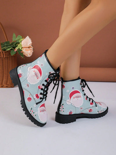 Vintage Christmas Delight: Women's Fashion Printed Pattern Lace-up Boots