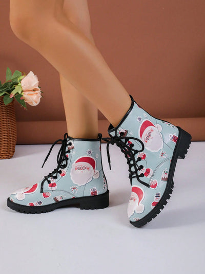 Vintage Christmas Delight: Women's Fashion Printed Pattern Lace-up Boots