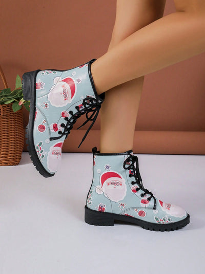 Vintage Christmas Delight: Women's Fashion Printed Pattern Lace-up Boots