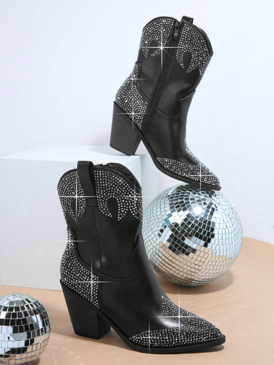Sparkle and Shine: Rhinestone Detail Pointed Toe Chunky Heel Fashion Boots