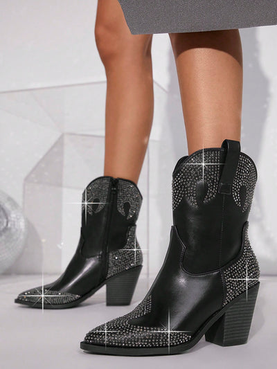 Sparkle and Shine: Rhinestone Detail Pointed Toe Chunky Heel Fashion Boots