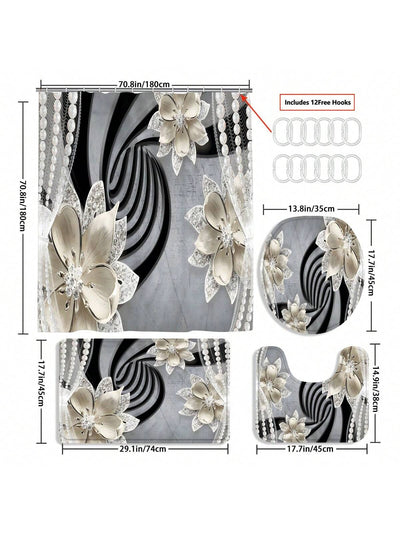 Simplistic Floral Beaded 3D Print Shower Curtain Set with Waterproof Mat and Rings