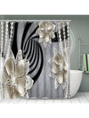 Simplistic Floral Beaded 3D Print Shower Curtain Set with Waterproof Mat and Rings