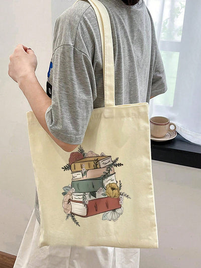 Stylish Book Flower Print Tote Bag for Trendy Ladies: Your Perfect Canvas Shopping Companion