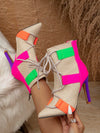 Women's Classic Style Orange Color-Blocked Stiletto Ankle Boots with Cross Straps and Back Zip