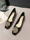 Golden Velvet Glam: Rhinestone Buckle Square Toe Chunky Heel Flats